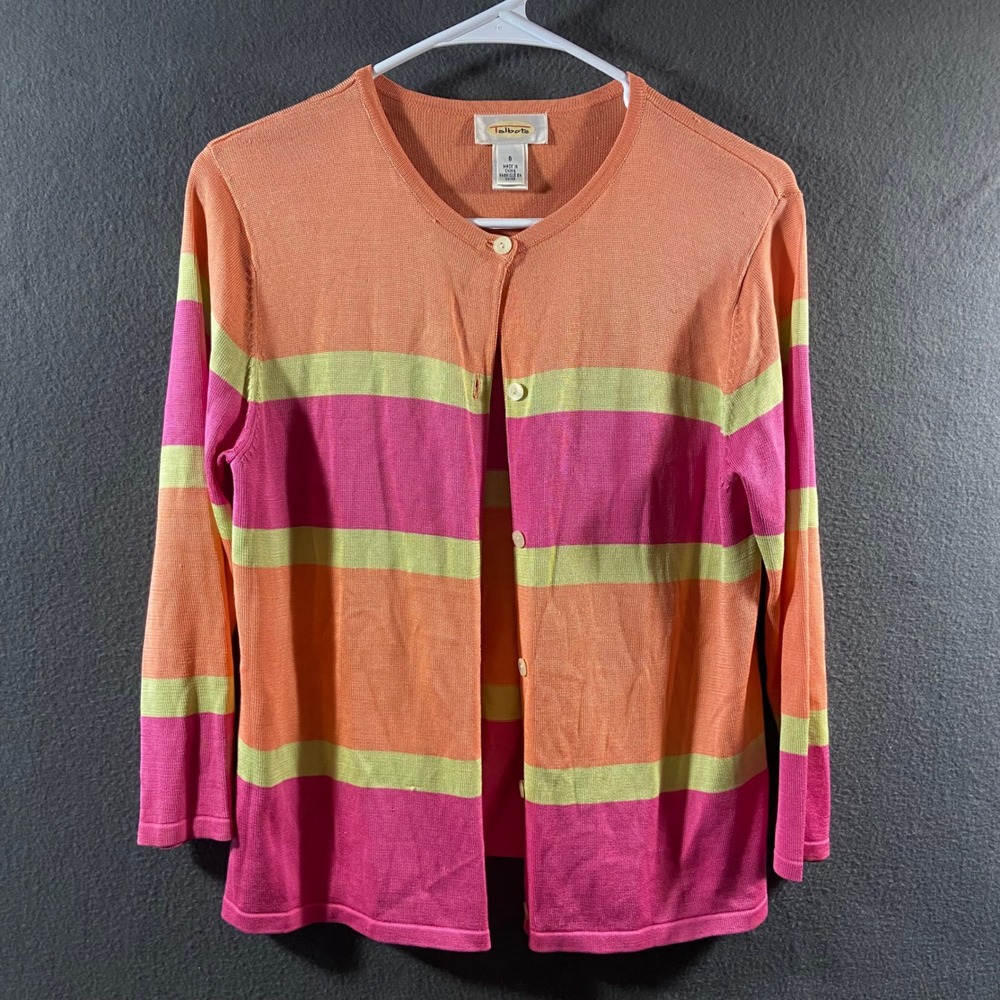 vtg silk Talbots Cardigan Striped Button Front Pink Orange 6 colorblock dopamine